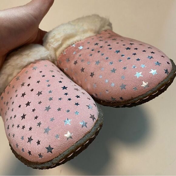 Sorel girls pink LEATHER SUEDE Nakiska Faux Fur slipper slides mule kids - 4 - Picture 6 of 7